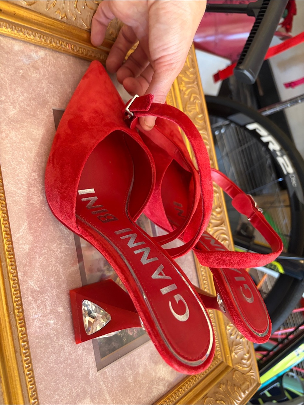 Gianni Bini Red Suede Pointed Toe Crystal-Embellished Block Heel Sandals